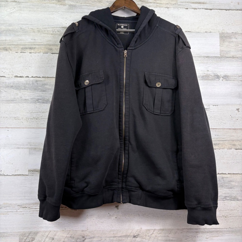 RuffHewn Utility Hoodie Mens‎ XXL Black Thermal Lined Full Zip Epaulets Grunge